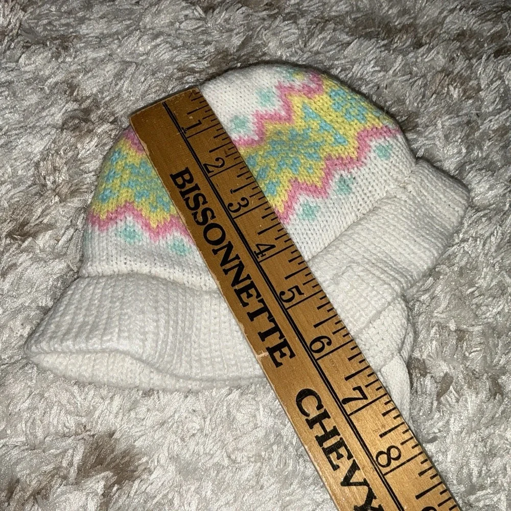 Vintage 80s Baby Kids Toddler Girls Hat Winter Pastel White Pink Yellow Knit